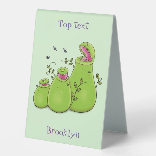 Funny green carnivorous pitcher plants cartoon table tent (Front)