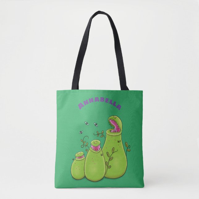 Funny green carnivorous pitcher plants cartoon tote bag (Front)