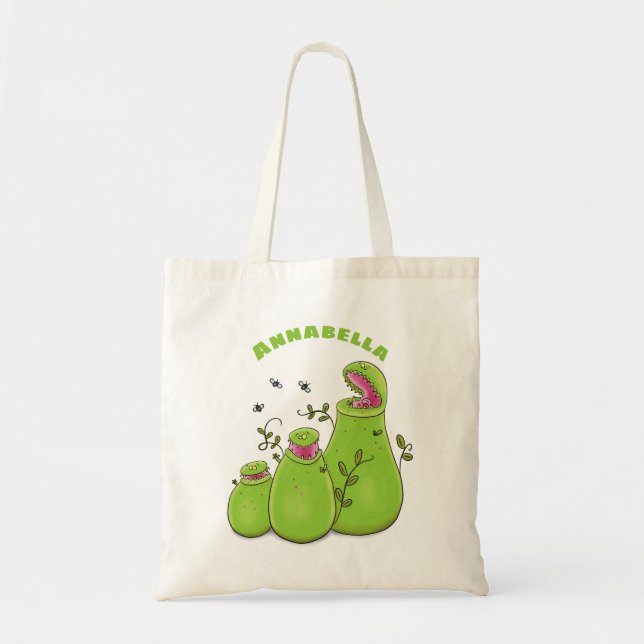 Funny green carnivorous pitcher plants cartoon tote bag (Front)