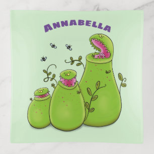 Funny green carnivorous pitcher plants cartoon trinket tray