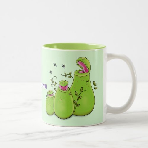 Funny green carnivorous pitcher plants cartoon Two_Tone coffee mug