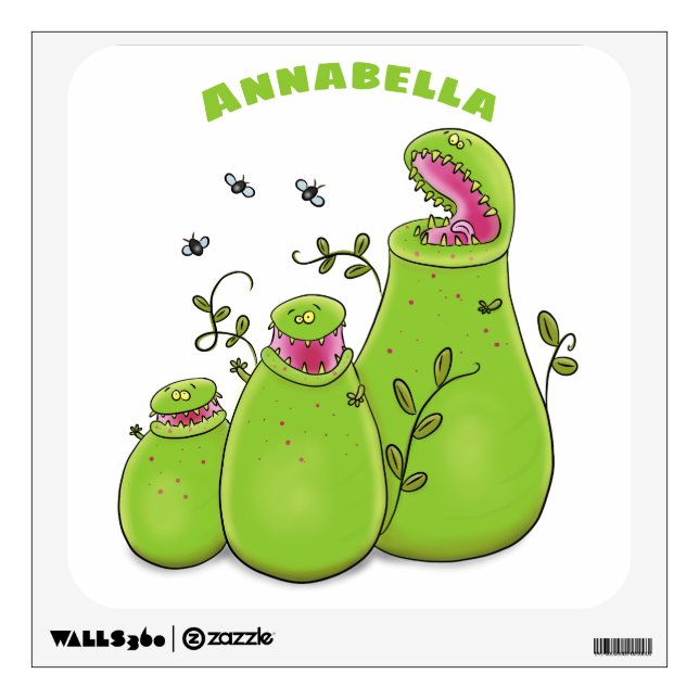 Funny green carnivorous pitcher plants cartoon wall decal (Front)