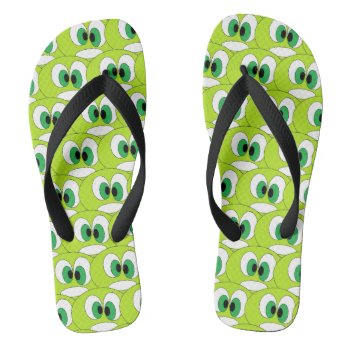 Funny Green Cartoon Faces All Over Pattern Cool Flip Flops by HappyGabby at Zazzle