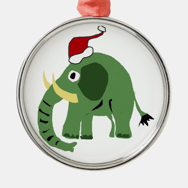 Funny Green Christmas Elephant in Santa Hat Metal Ornament (Front)