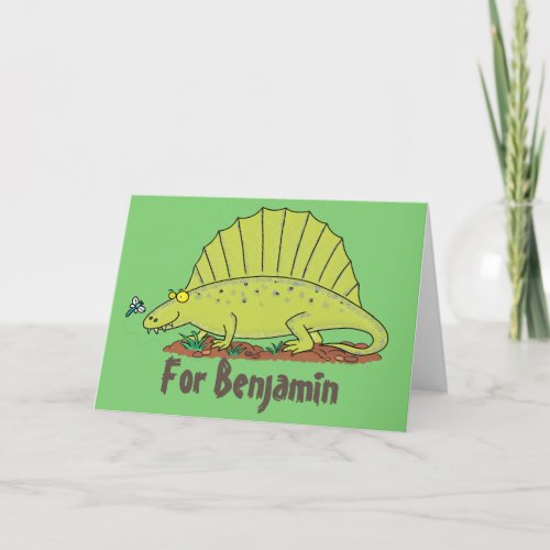 Funny green dimetrodon cartoon dinosaur birthday card