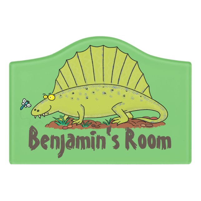 Funny green dimetrodon cartoon dinosaur door sign (Small Crest Front)
