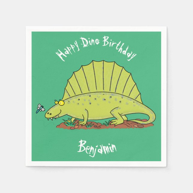 Funny green dimetrodon cartoon dinosaur napkins (Front)