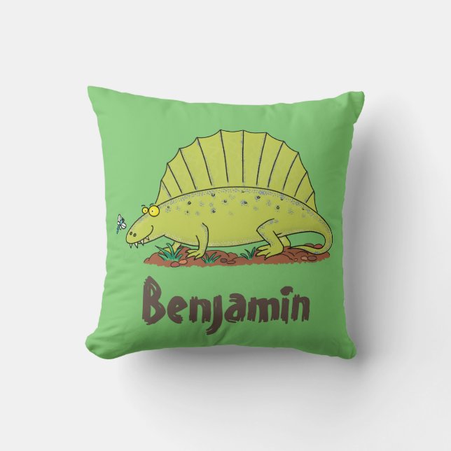 Funny green dimetrodon cartoon dinosaur throw pillow (Front)