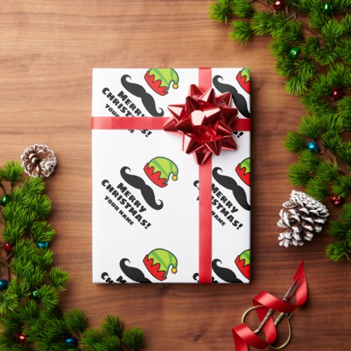 Funny green elf hat mustache custom Christmas Wrapping Paper
