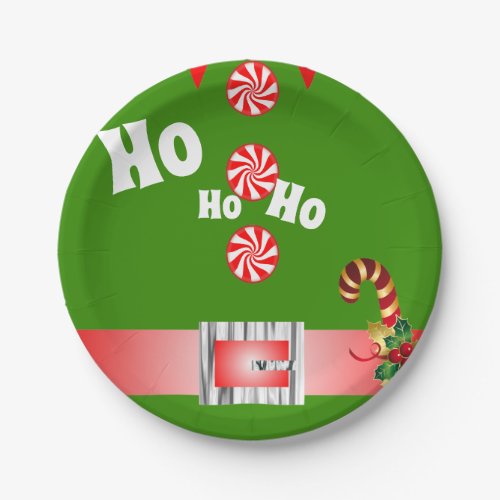 funny green elf suit ho ho ho christmas party paper plates