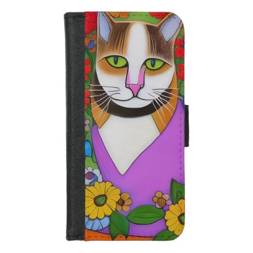 Funny Green Eyed Cat with Yellow Flowers iPhone 87 Wallet Case