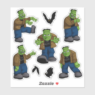 Funny Green Frankenstein Monster Cartoon & Bats Sticker