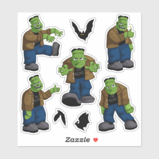 Funny Green Frankenstein Monster Cartoon & Bats Sticker