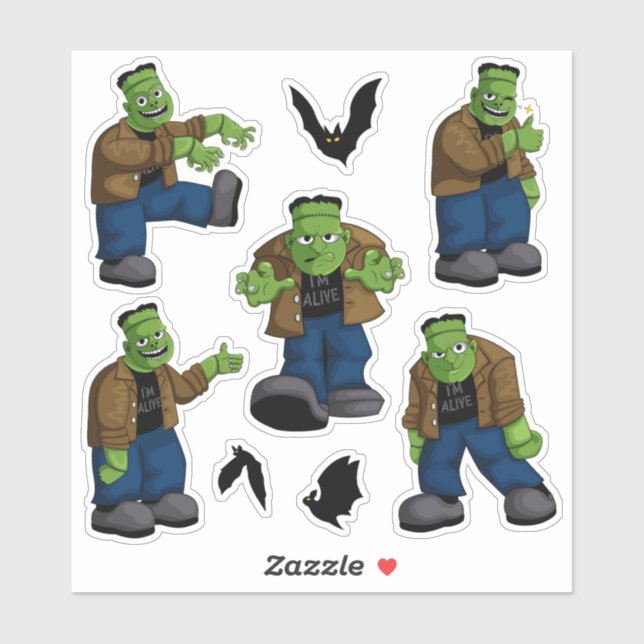 Funny Green Frankenstein Monster Cartoon & Bats Sticker (Sheet)