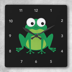 Funny Green Frog Cartoon Childrens Playroom Square Wall Clock