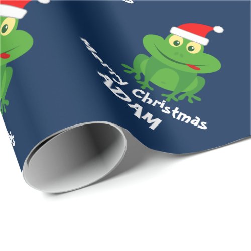 Funny green frog Christmas wrapping paper for kids