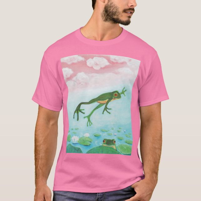 Funny Green Frog Jumps Into The Pond Illustration  T-Shirt (Front)