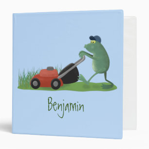 Funny green frog mowing lawn cartoon 3 ring binder