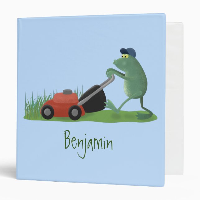 Funny green frog mowing lawn cartoon 3 ring binder (Front/Inside)
