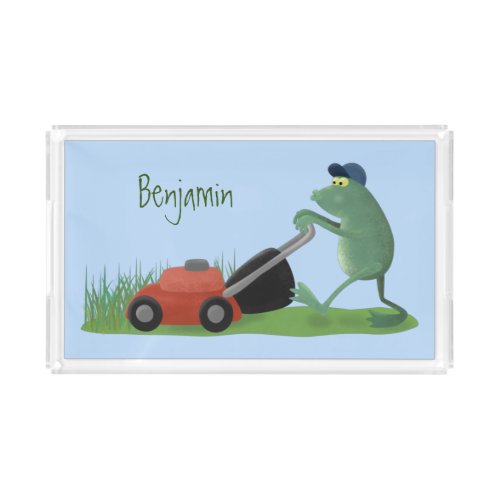 Funny green frog mowing lawn cartoon acrylic tray