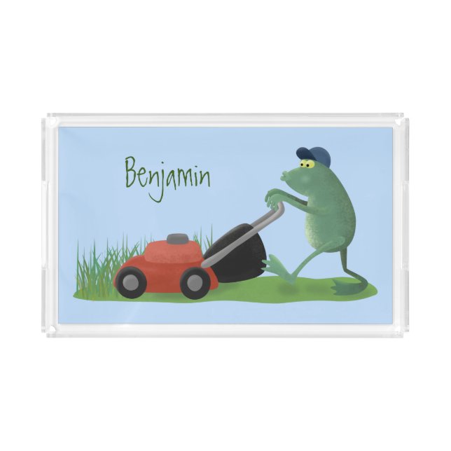 Funny green frog mowing lawn cartoon acrylic tray (Front)