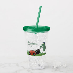 Funny green frog mowing lawn cartoon acrylic tumbler