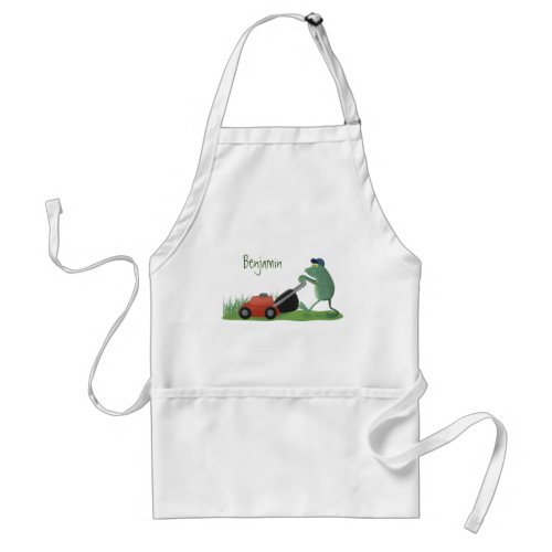 Funny green frog mowing lawn cartoon adult apron