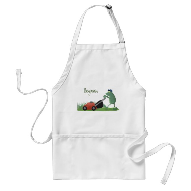 Funny green frog mowing lawn cartoon adult apron (Front)