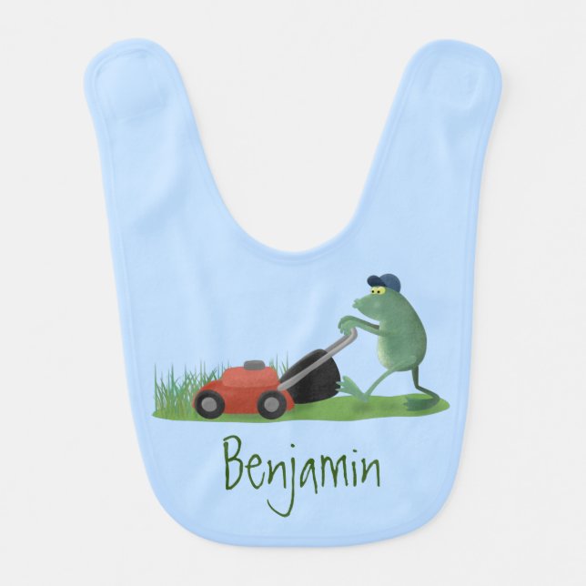 Funny green frog mowing lawn cartoon baby bib (Front)