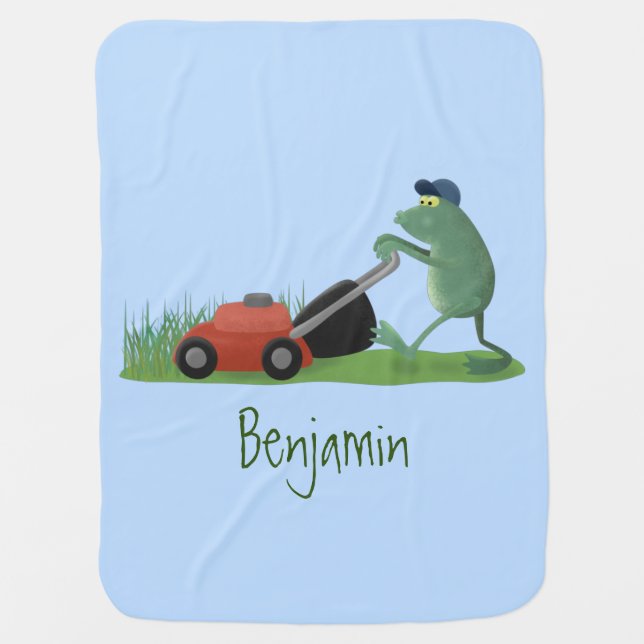 Funny green frog mowing lawn cartoon baby blanket (Front)
