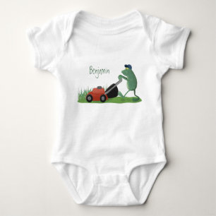 Funny green frog mowing lawn cartoon baby bodysuit