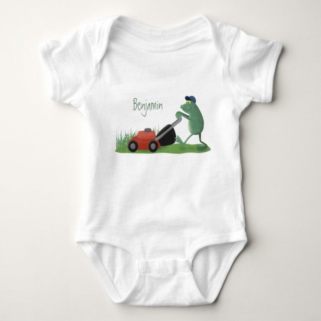 Funny green frog mowing lawn cartoon baby bodysuit (Front)