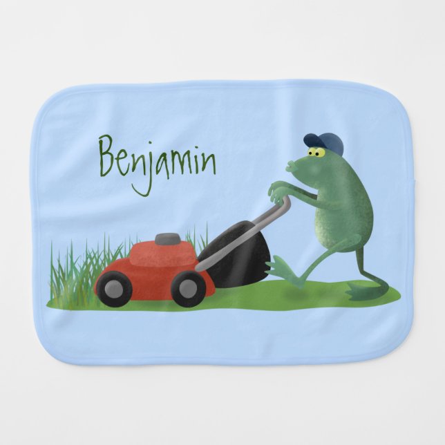 Funny green frog mowing lawn cartoon baby burp cloth (Front Horizontal)
