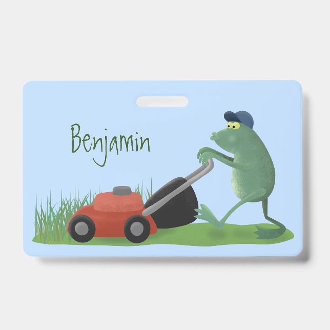 Funny green frog mowing lawn cartoon badge (Front)