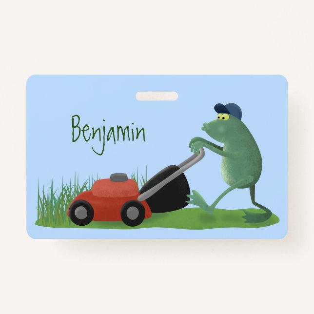 Funny green frog mowing lawn cartoon badge (Front)