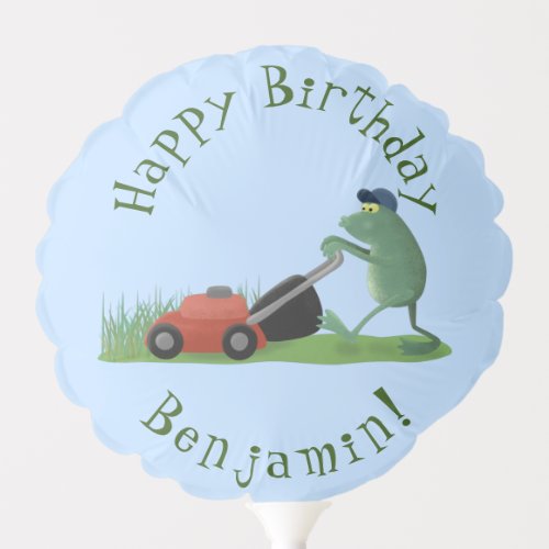 Funny green frog mowing lawn cartoon balloon