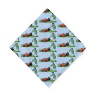Funny green frog mowing lawn cartoon  bandana