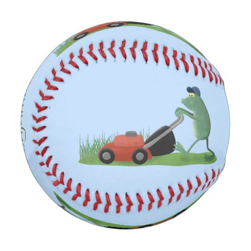 Funny green frog mowing lawn cartoon baseball