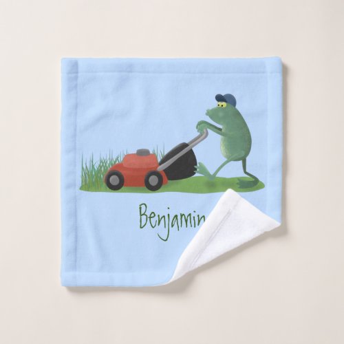 Funny green frog mowing lawn cartoon bath towel set