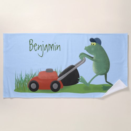 Funny green frog mowing lawn cartoon beach towel