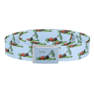 Funny green frog mowing lawn cartoon belt