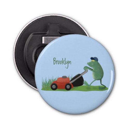 Funny green frog mowing lawn cartoon bottle opener