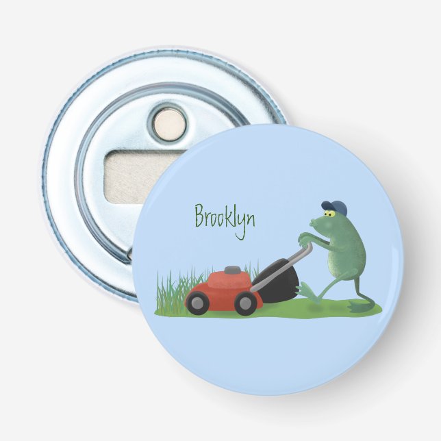 Funny green frog mowing lawn cartoon bottle opener (Front)