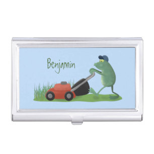 Funny green frog mowing lawn cartoon business card case