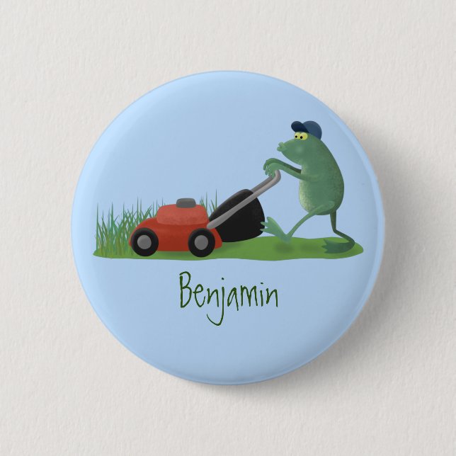 Funny green frog mowing lawn cartoon button (Front)