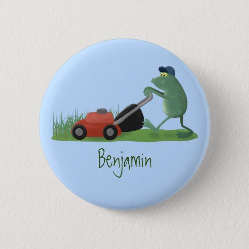 Funny green frog mowing lawn cartoon button
