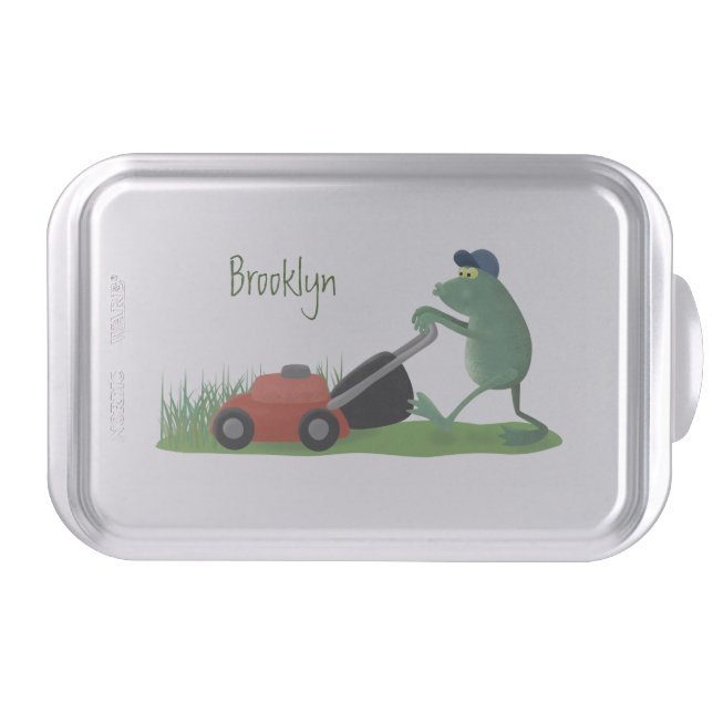 Funny green frog mowing lawn cartoon cake pan (Front)