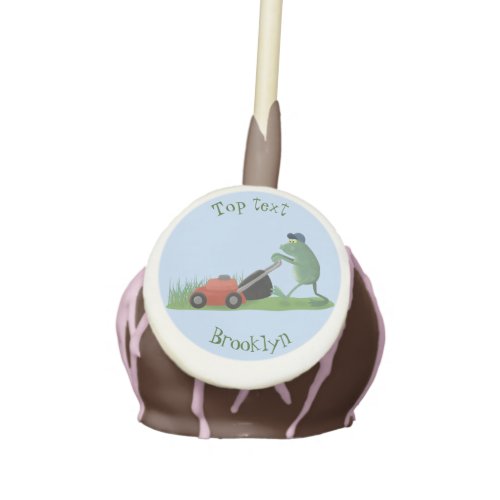 Funny green frog mowing lawn cartoon cake pops