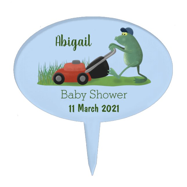 Funny green frog mowing lawn cartoon cake topper (Front)