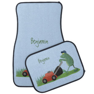 Funny green frog mowing lawn cartoon  car floor mat
